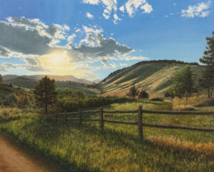 painting of a dirt road along a wooden split rail fence with a backdrop of rolling hills with the sun behind a cloud