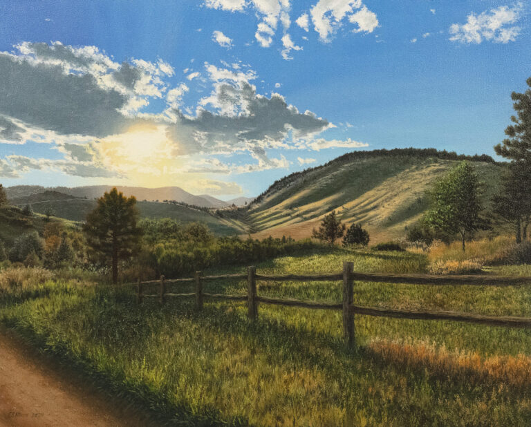painting of a dirt road along a wooden split rail fence with a backdrop of rolling hills with the sun behind a cloud