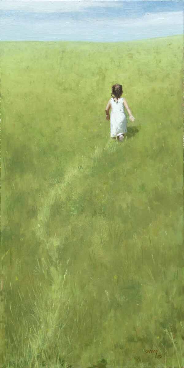 painting of a young girl walking through a grassy meadow, leaving a path behind her.