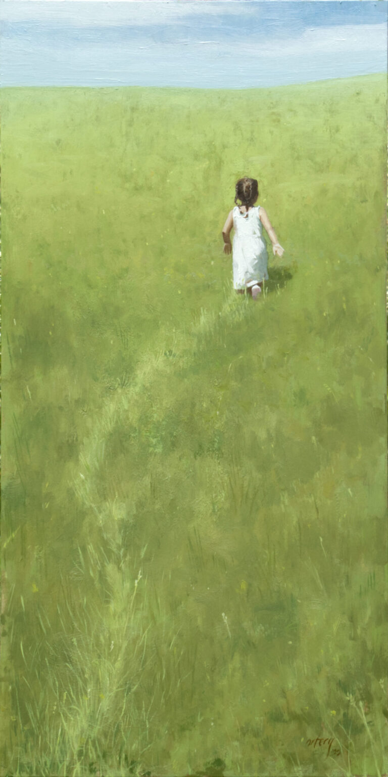 painting of a young girl walking through a grassy meadow, leaving a path behind her.
