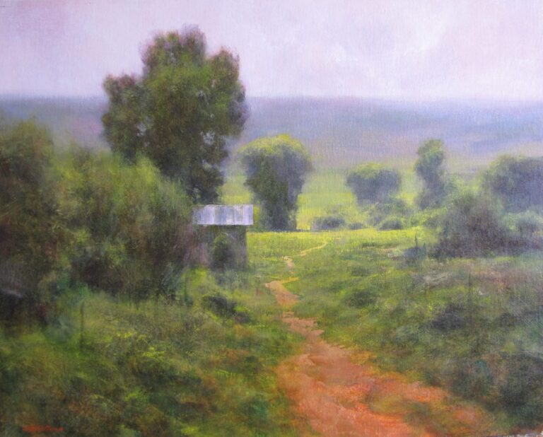 painting of a dirt road winding through a grassy, treed landscape