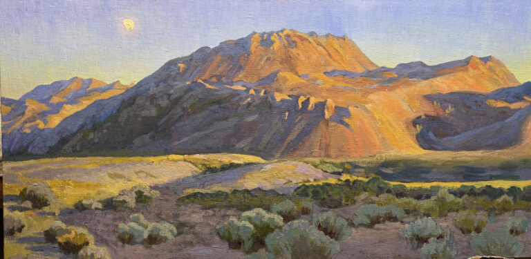 painting of a desert showing a large rock, shadowed in the front with sunlight coming behind it from the right