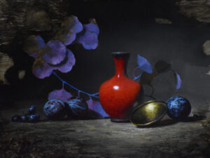 still life painting of a bright red vase with a purple plant