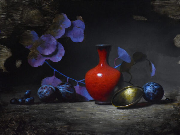 still life painting of a bright red vase with a purple plant