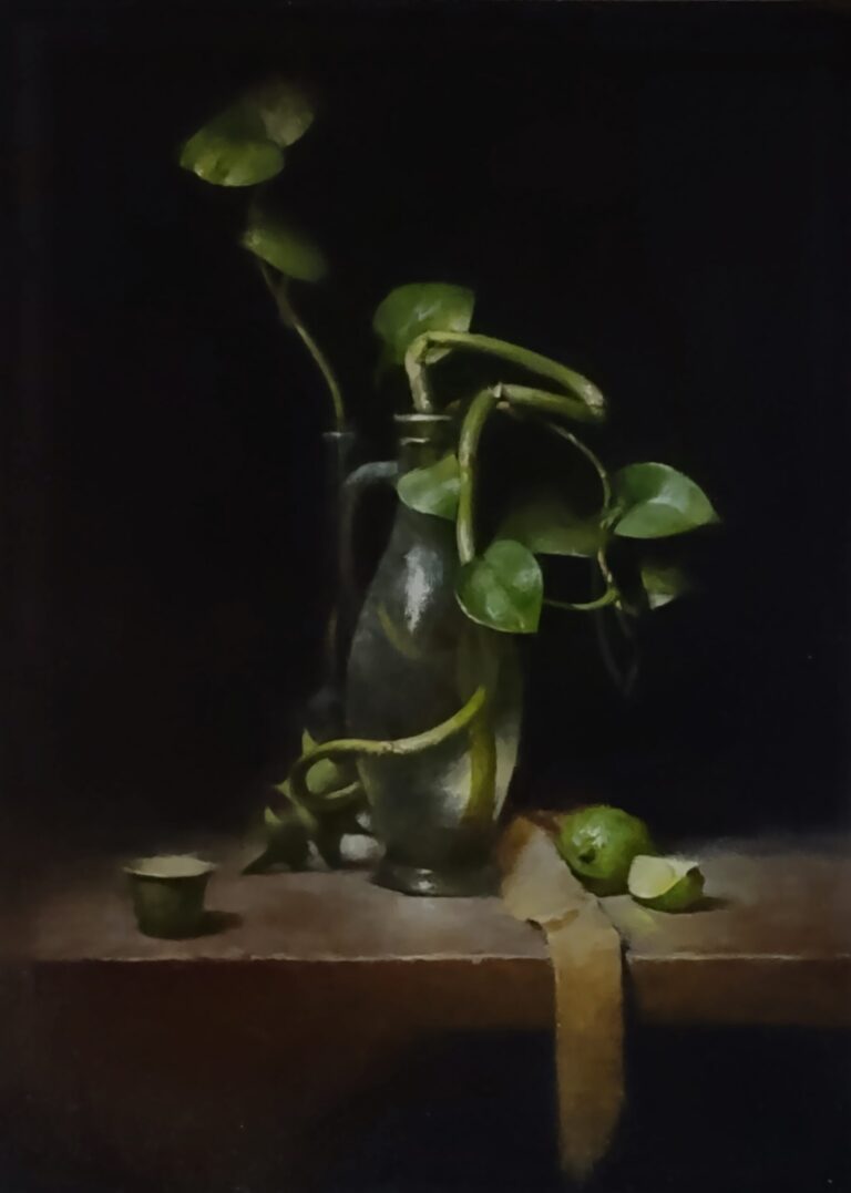 painting of a philodendron cutting in a vase