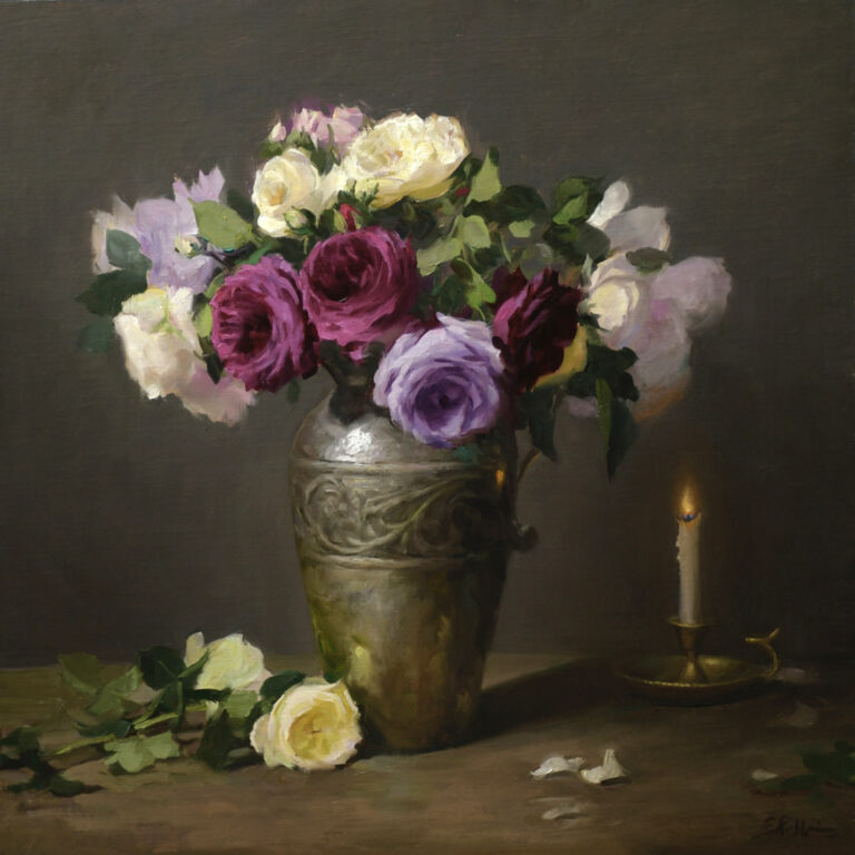 painting of a metal pot holding an assortment of roses