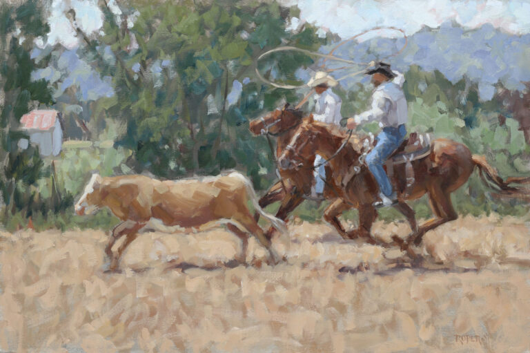 picture of two cowboys working on roping a steer