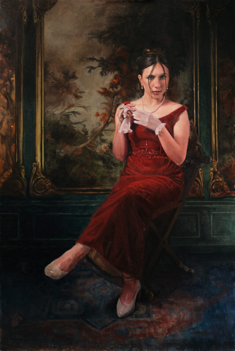 painting of a woman seated in a chair wearing a dark red dress
