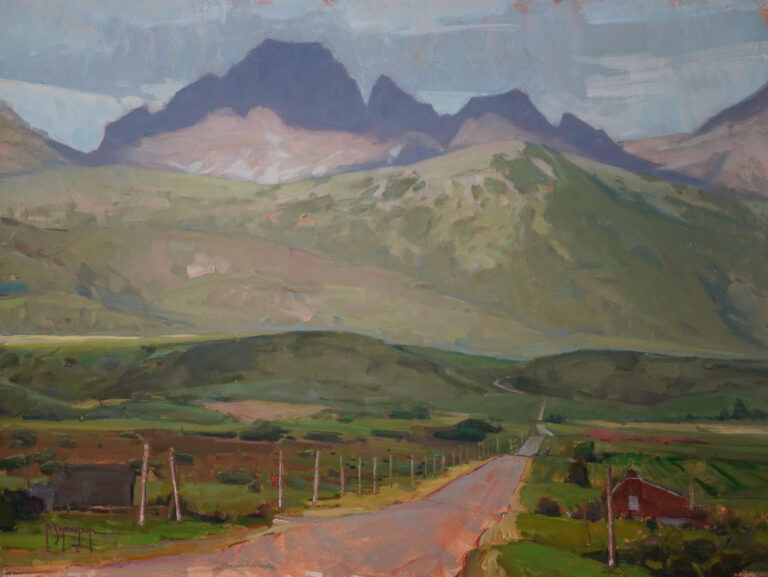 painting of mt moran in the background with a green valley and a dirt road in the foreground