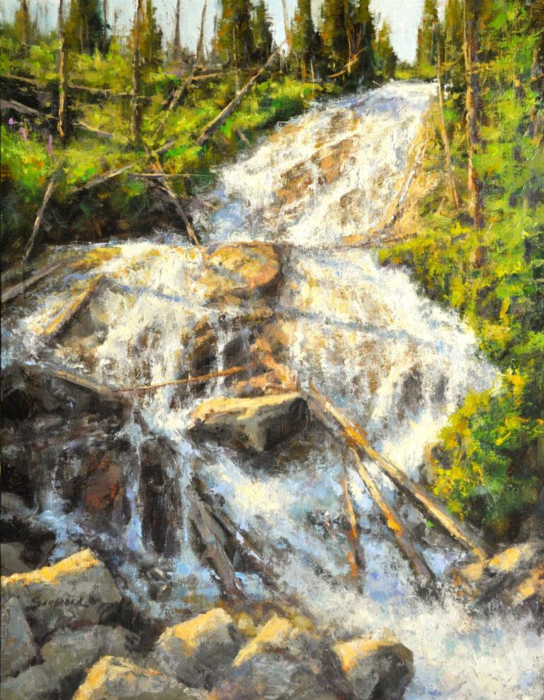 painting of water rushing down Skalkaho Falls with standing and fallen pine trees