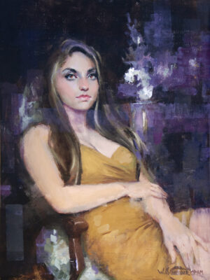 painting of a woman in a yellow dress reclining in a chair