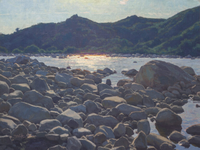 paiinting of the shimmering ventura river with a mountain range in the background