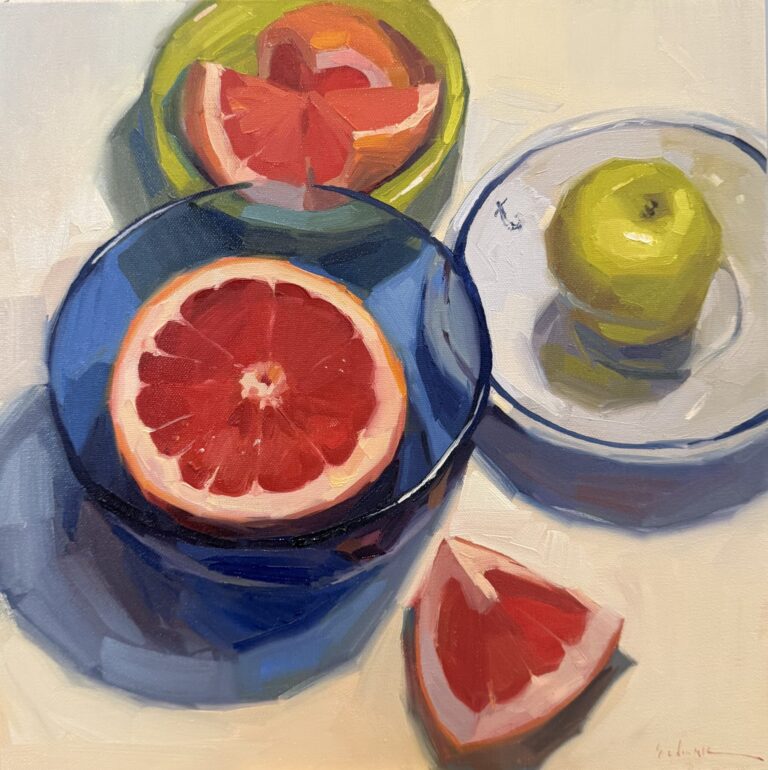 painting of a halved grapefruit in a glass bowl with an apple on a dish to the side