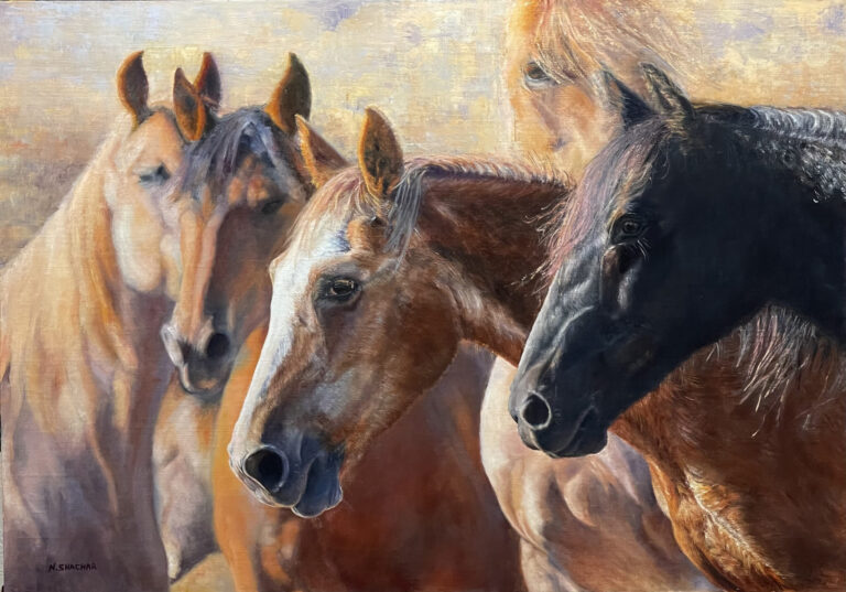 painting of three horses faces gathered togeter