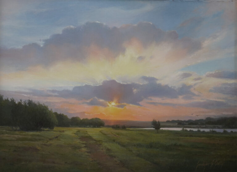 painting of a sunrise with a long range valley view