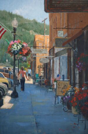 painting by richard boyer of people shopping in downtown philipsburg, montana
