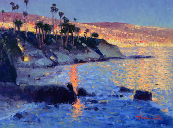 painting of an inlet with a high rock coastline with a setting sun reflected on the water