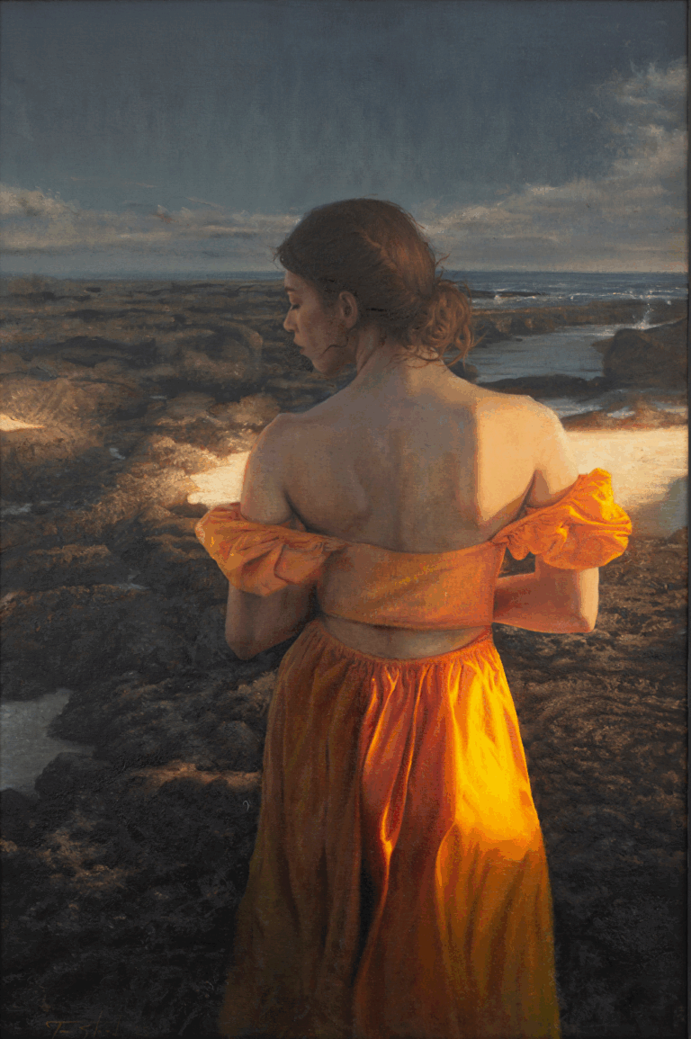 painting of.a woman in an orange flamenco dress