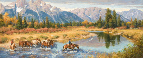 image of a painting by Steve Atkinson of two coyboys on horses leading cattle in a crossing of the snake river