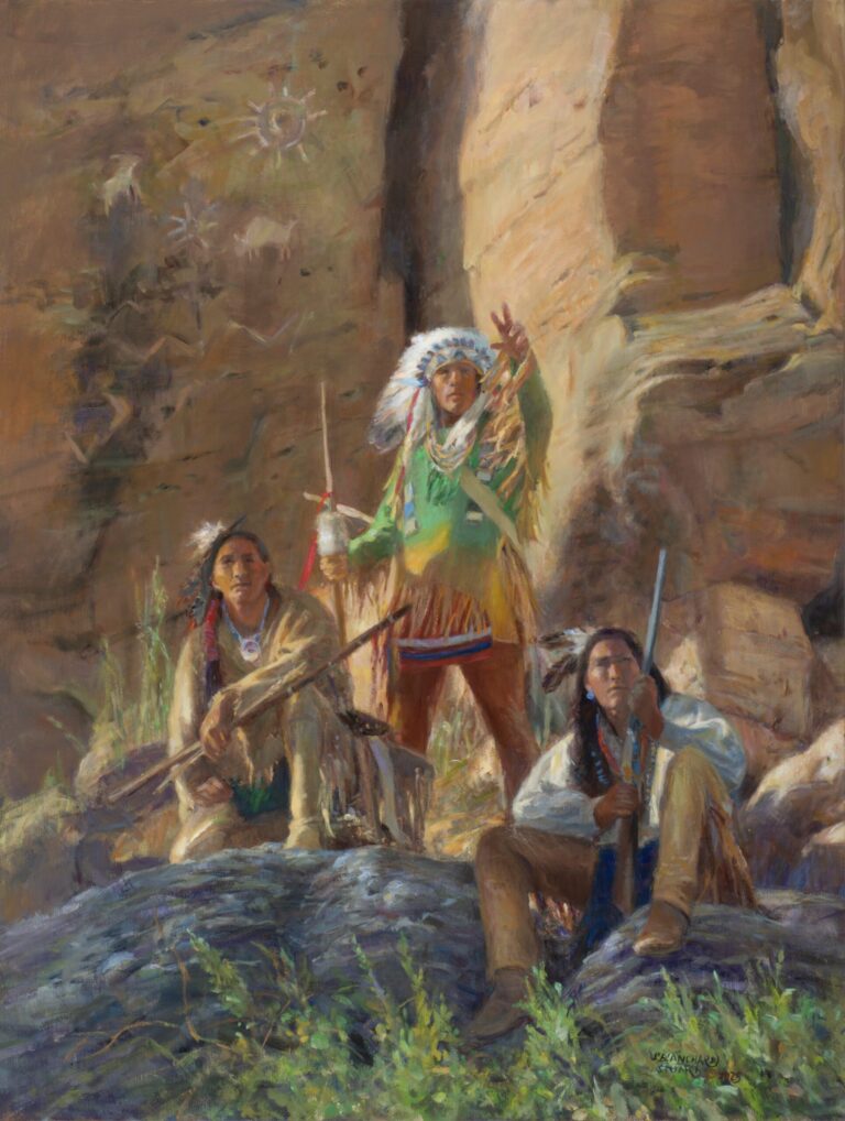 painting of three native american warriors, one with a chief headdress is throwing hand signals