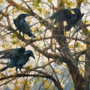 painting of three ravens surrounded by tree branches