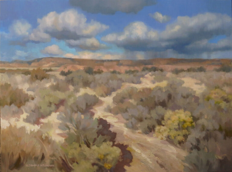 painting of a dessert scene with a long range mountain viiew