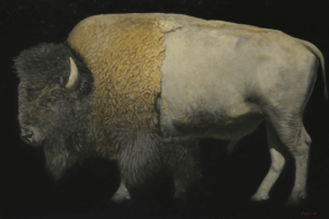 painting of a bison facing left, side view.