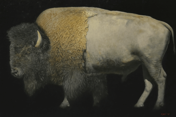 painting of a bison facing left, side view.