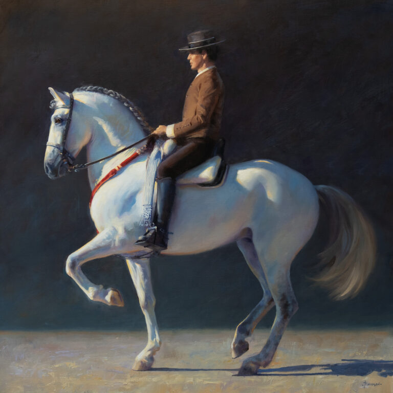 painting of a man riding on a white Spanish horse