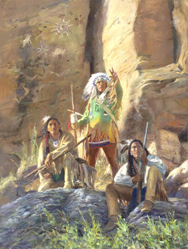 painting of three native american warriors, one with a chief headdress is throwing hand signals