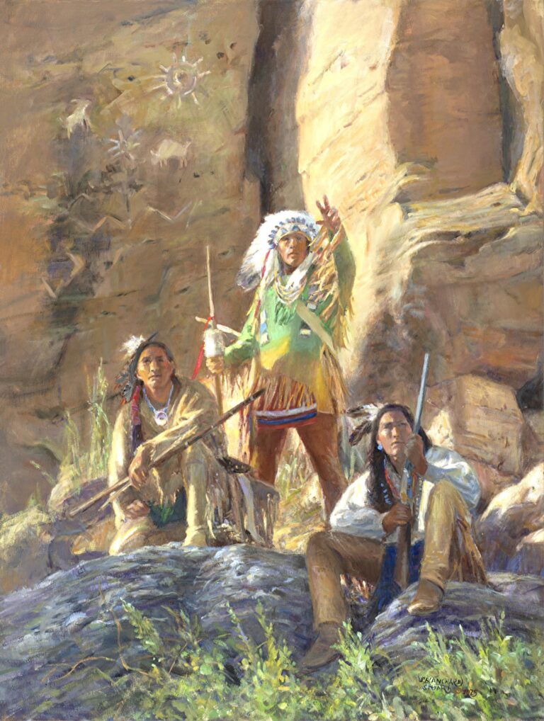 painting of three native american warriors, one with a chief headdress is throwing hand signals