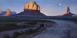 painting of a tall red rock partly shadowed with a winding road in the foreground