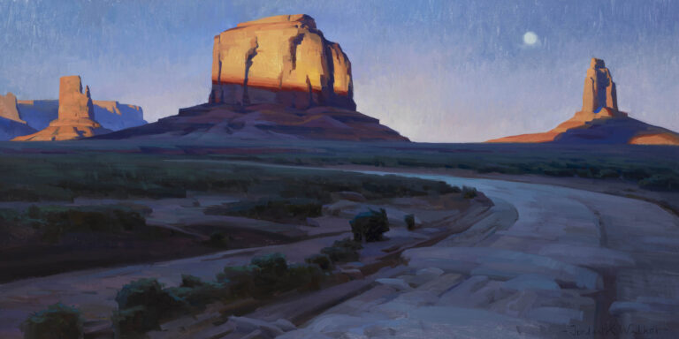 painting of a tall red rock partly shadowed with a winding road in the foreground