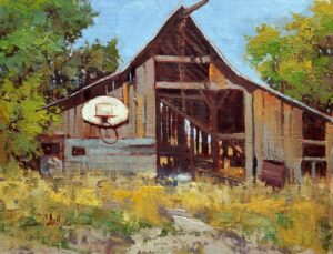 painting of a rustic barn, worn and weathered