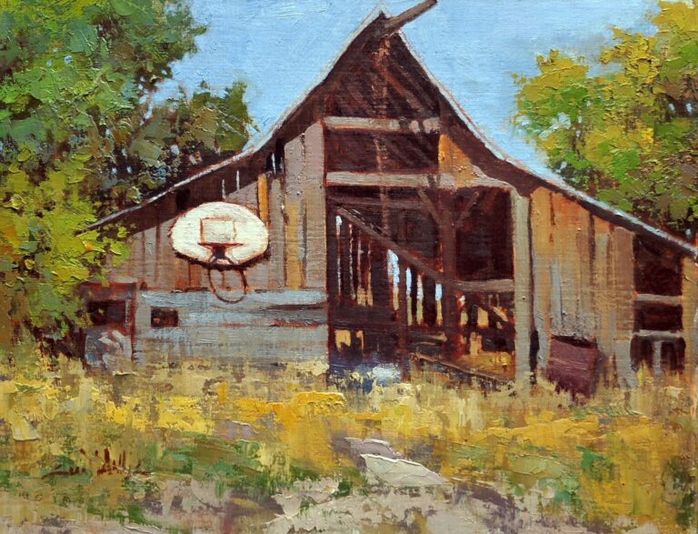 painting of a rustic barn, worn and weathered