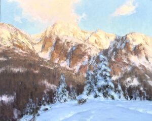 painting of a mountain that is mostly snow covered with a thick blanket of sno in the foreground