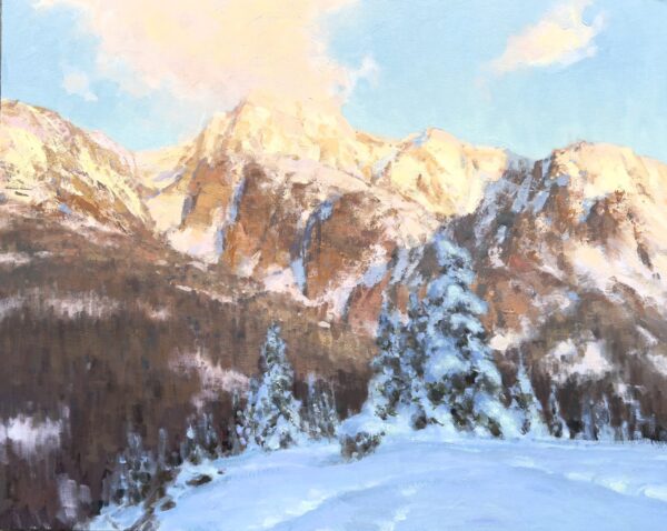 painting of a mountain that is mostly snow covered with a thick blanket of sno in the foreground