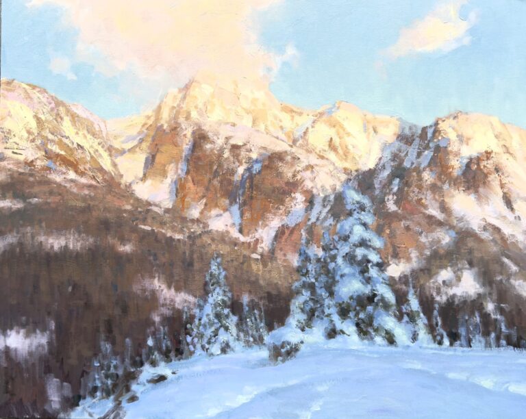 painting of a mountain that is mostly snow covered with a thick blanket of sno in the foreground
