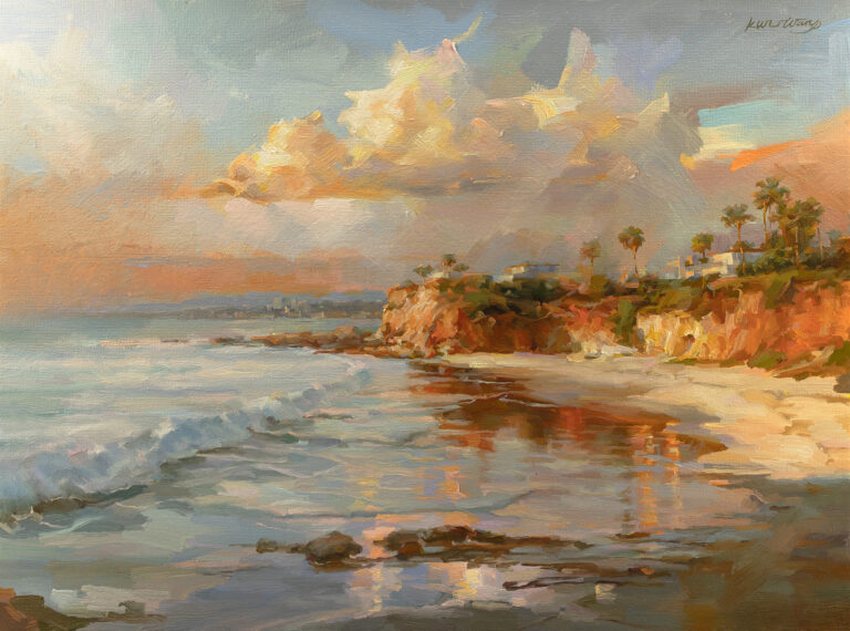 painting of a beautiful sunset over a tranquil crescent bay