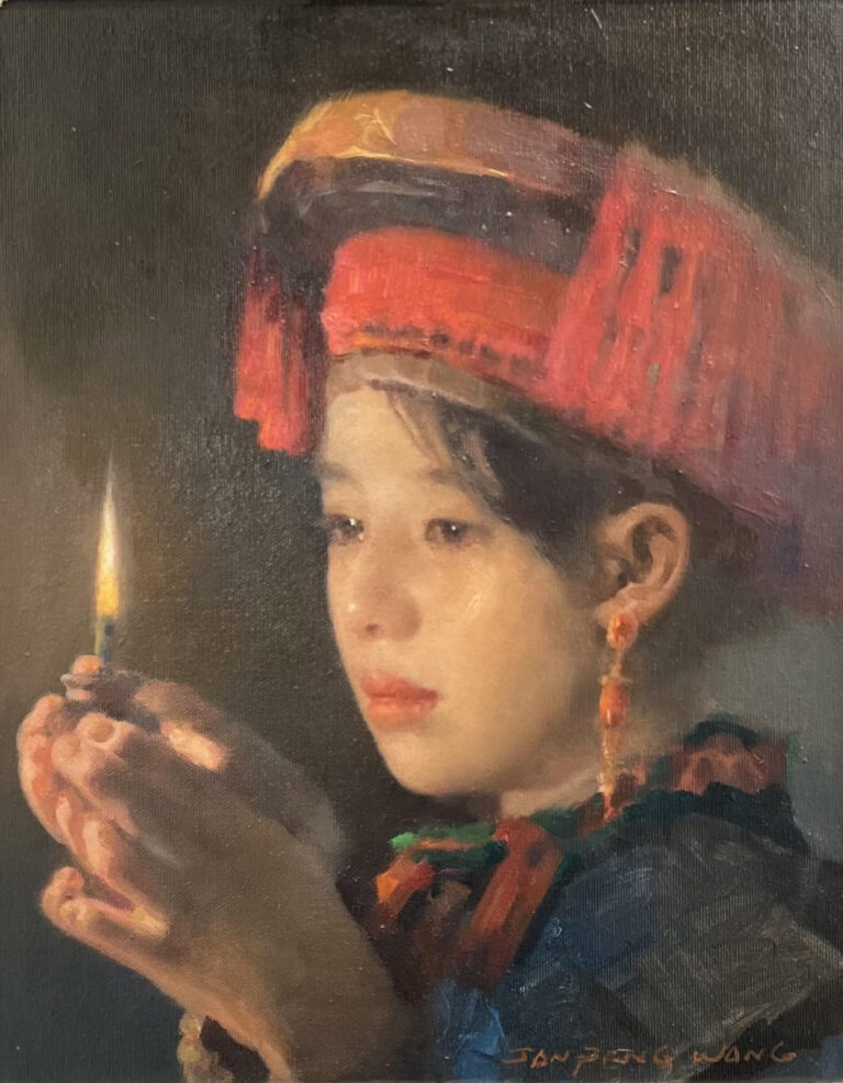 painting of a young girl looking at the flame of a candle