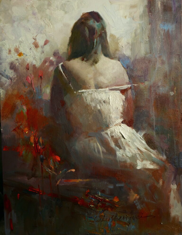 painting of a woman's back, she is seated in a chair and wearing a slip