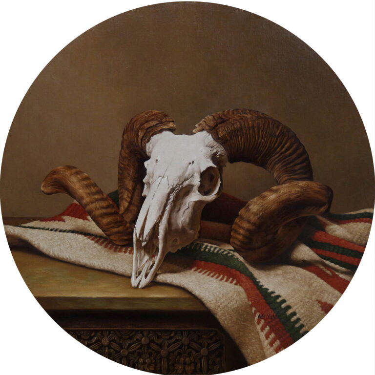 painting of a rams skull complete with large horns