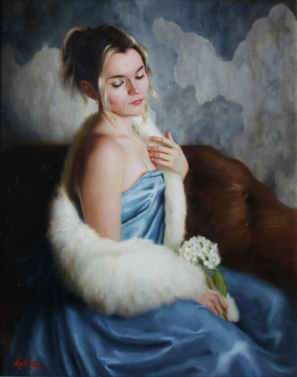 painting of a beatutiful yong women wearing a satin gown and wearing a fur stol draped on her sholders