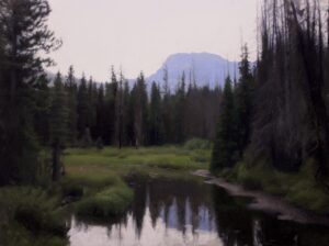 painting of a reflective lake surrounded by tall pines with a miisty mountain in the background
