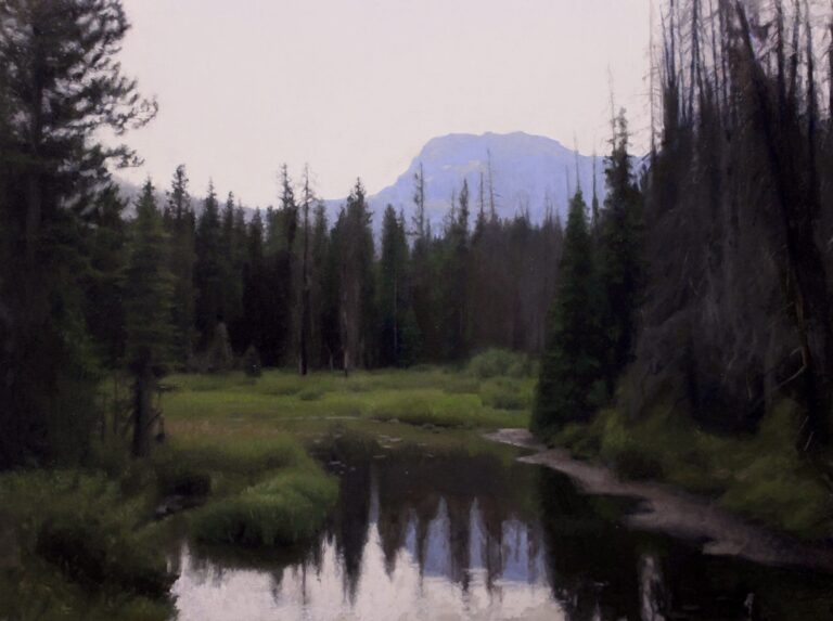 painting of a reflective lake surrounded by tall pines with a miisty mountain in the background