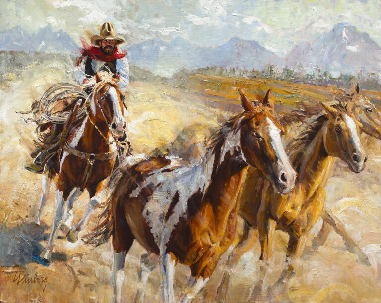 painting of a cowboy rustling up two fresh horses