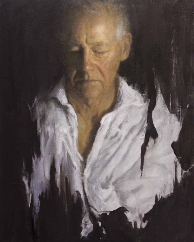 painting of a mature man in a restful pose with a dark vignette type of surround