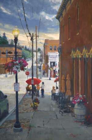 image of a painting by richard boyer of the corner cafe in philipsburg MT