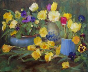 painting of a planter and two vases filled with roses, tulips, violets and other flowers