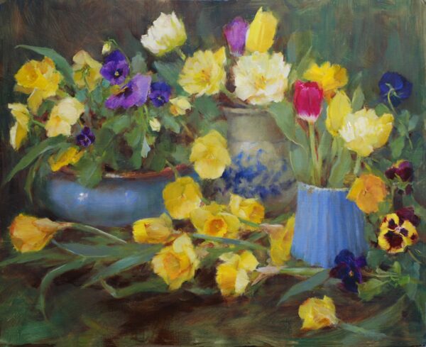 painting of a planter and two vases filled with roses, tulips, violets and other flowers